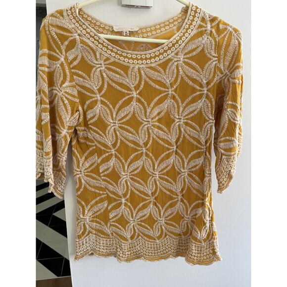 Solitaire Tops - Solitaire Women M Yellow Embroidered Blouse Top Boho Hippie Vtg